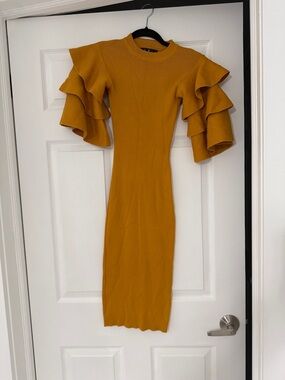Lulu's Mustard Ruffle-Sleeve Midi Dress